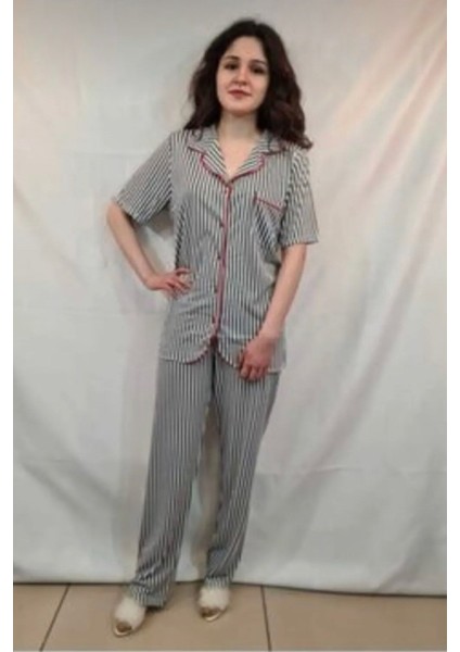 -2443-BAYAN Kısa Kollu Önden Açık Pijama Takımı-Beyaz Çizgili