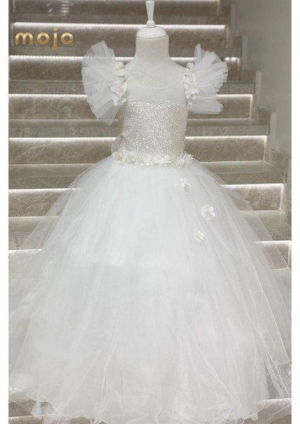Mojo Kız Çocuk Tarlatanlı Gelinlik 9004 Beyaz