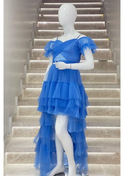 Erkut Abiye Kız Çocuk Düşük Omuz Önü Kısa Arkası Uzun Abiye 661 İndigo