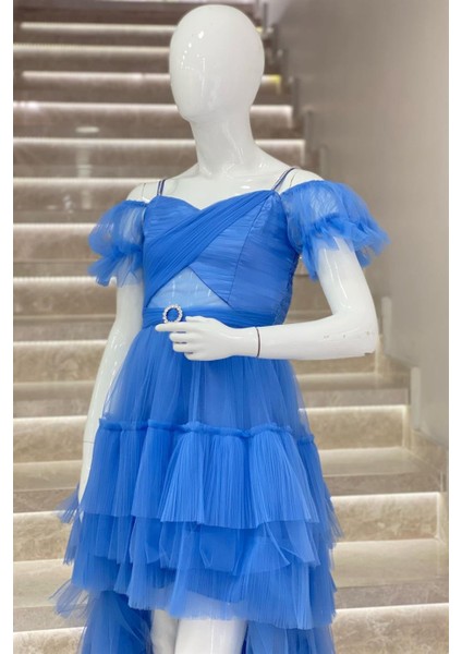 Erkut Abiye Kız Çocuk Düşük Omuz Önü Kısa Arkası Uzun Abiye 661 İndigo fiyatları