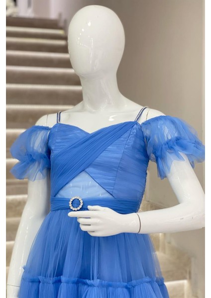 Erkut Abiye Kız Çocuk Düşük Omuz Önü Kısa Arkası Uzun Abiye 661 İndigo modelleri