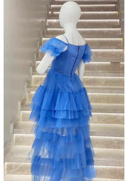 Erkut Abiye Kız Çocuk Düşük Omuz Önü Kısa Arkası Uzun Abiye 661 İndigo fırsatları