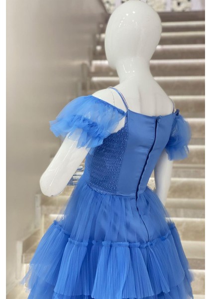 Erkut Abiye Kız Çocuk Düşük Omuz Önü Kısa Arkası Uzun Abiye 661 İndigo indirimleri