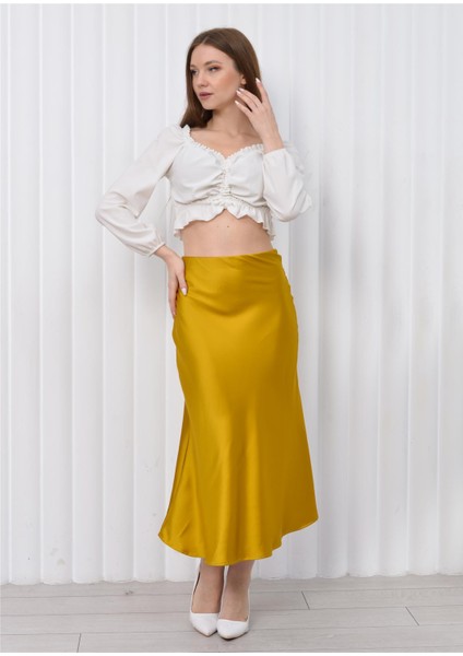 Kadın Beli Lastikli Midi Boy Saten Etek Hardal fiyatları