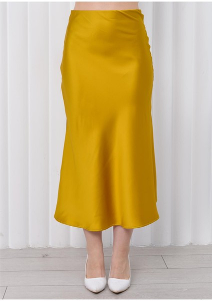 Kadın Beli Lastikli Midi Boy Saten Etek Hardal modelleri