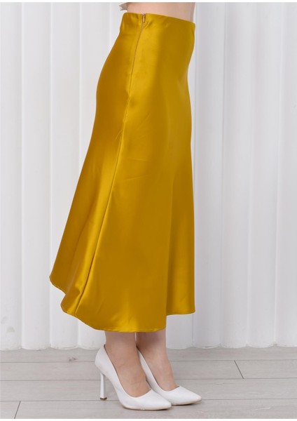 Kadın Beli Lastikli Midi Boy Saten Etek Hardal fırsatları