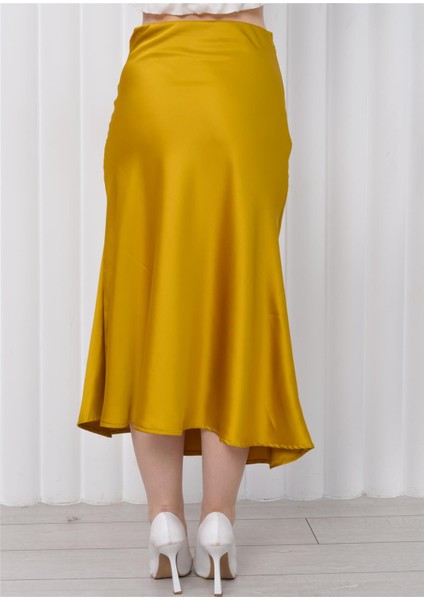 Kadın Beli Lastikli Midi Boy Saten Etek Hardal indirimleri