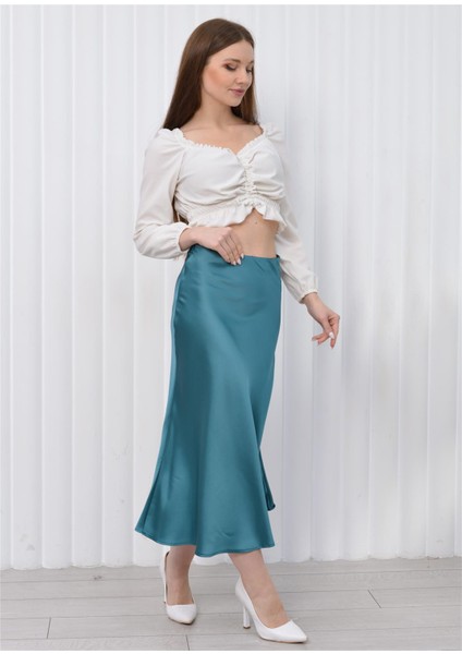 Kadın Beli Lastikli Midi Boy Saten Etek Petrol Mavisi modelleri