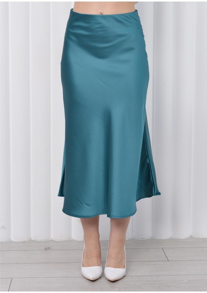 Kadın Beli Lastikli Midi Boy Saten Etek Petrol Mavisi fırsatları