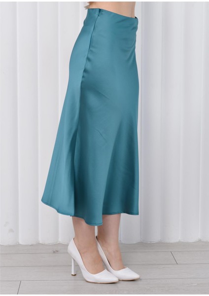 Kadın Beli Lastikli Midi Boy Saten Etek Petrol Mavisi indirimleri