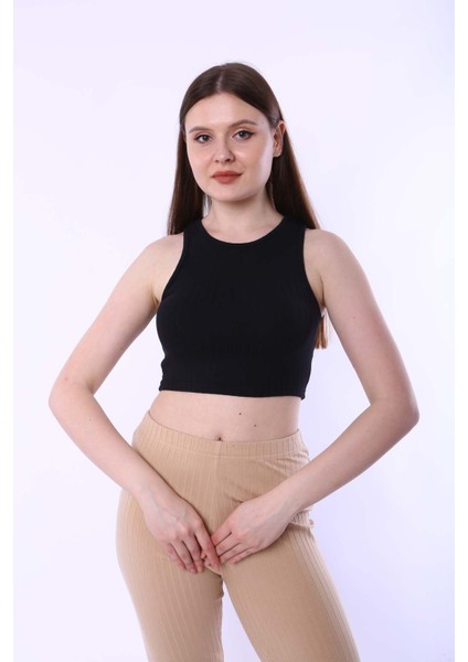 Kadın Crop Siyah Raporlu Kaşkorse