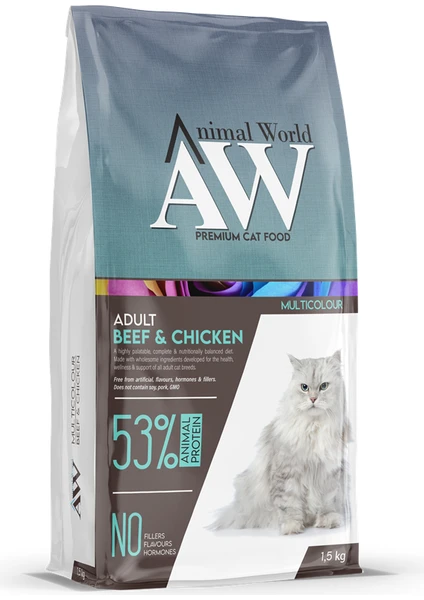 Animal World Multicolour Biftek ve Tavuk Etli Yetişkin Kedi Maması 1.5 kg