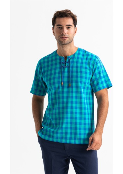 Kısa Kol Şile Bezi Zımbalı Erkek Tshirt Mint Kareli 3033