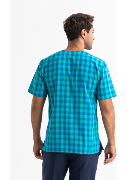 Kısa Kol Şile Bezi Zımbalı Erkek Tshirt Mint Kareli 3033