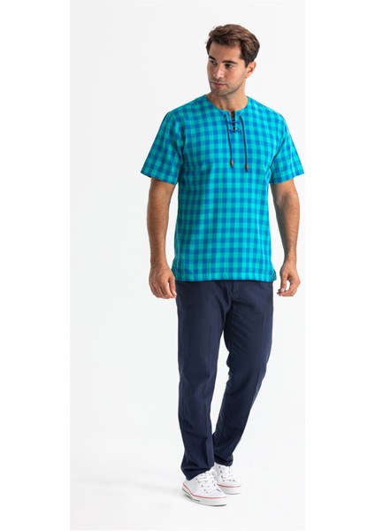 Kısa Kol Şile Bezi Zımbalı Erkek Tshirt Mint Kareli 3033