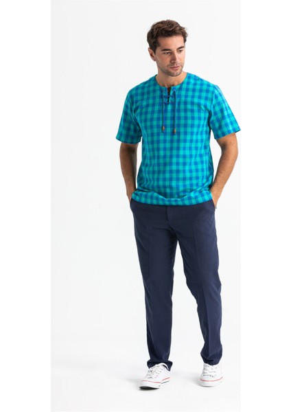 Kısa Kol Şile Bezi Zımbalı Erkek Tshirt Mint Kareli 3033