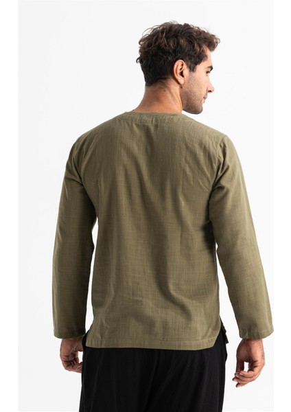 Büyük Beden Uzun Kol Şile Bezi Bisiklet Yaka Yazlık Tshirt Haki 3049