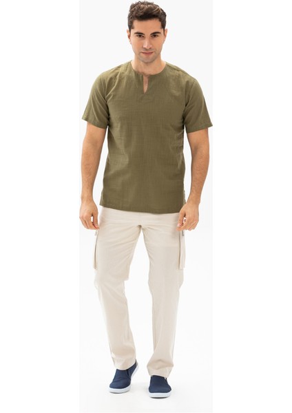 Büyük Beden Kısa Kol Şile Bezi Bisiklet Yaka Erkek Tshirt Haki 3049