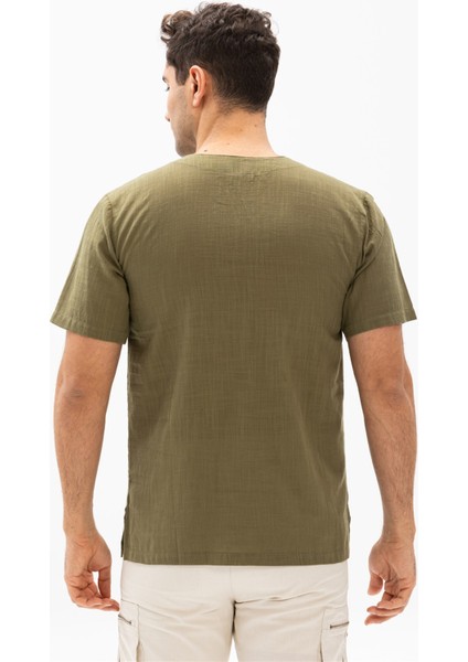 Büyük Beden Kısa Kol Şile Bezi Bisiklet Yaka Erkek Tshirt Haki 3049