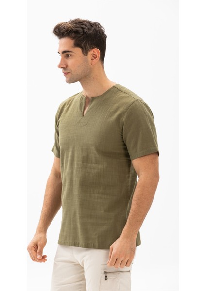 Büyük Beden Kısa Kol Şile Bezi Bisiklet Yaka Erkek Tshirt Haki 3049