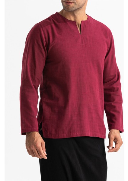 Büyük Beden Uzun Kol Şile Bezi Bisiklet Yaka Yazlık Tshirt Koyu Bordo 3068