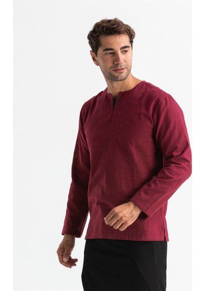 Büyük Beden Uzun Kol Şile Bezi Bisiklet Yaka Yazlık Tshirt Koyu Bordo 3068