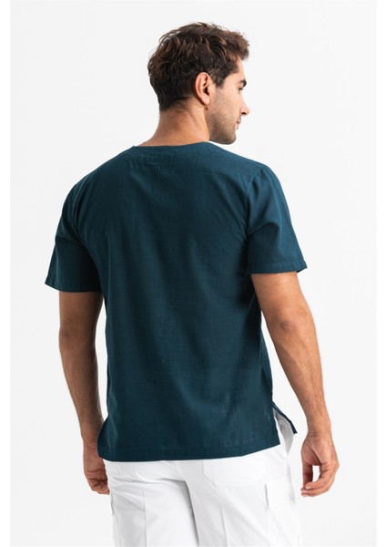 Büyük Beden Kısa Kol Şile Bezi Bisiklet Yaka Erkek Tshirt Koyu Petrol 3069