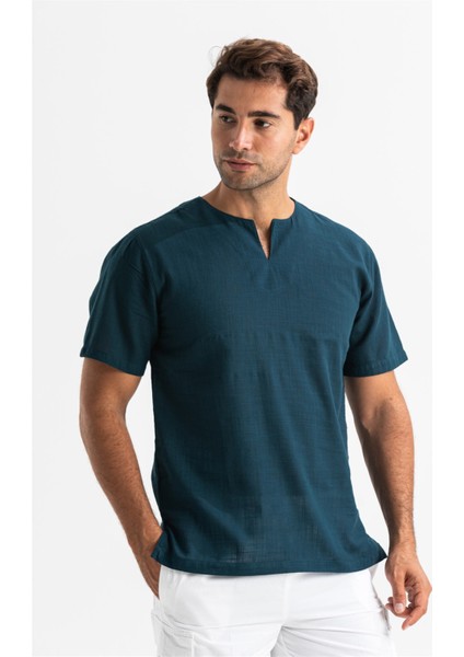 Büyük Beden Kısa Kol Şile Bezi Bisiklet Yaka Erkek Tshirt Koyu Petrol 3069