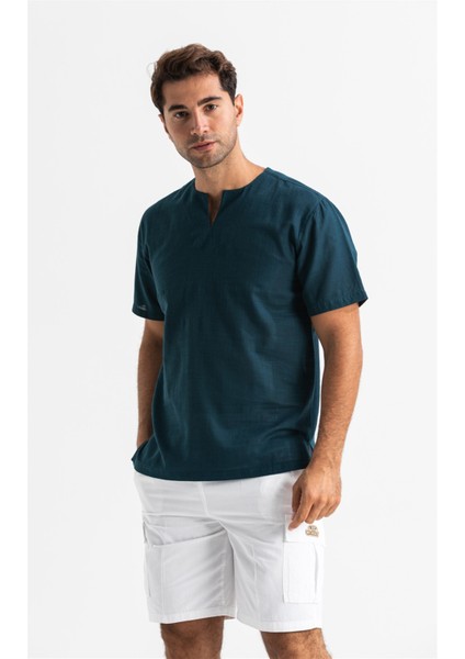 Büyük Beden Kısa Kol Şile Bezi Bisiklet Yaka Erkek Tshirt Koyu Petrol 3069