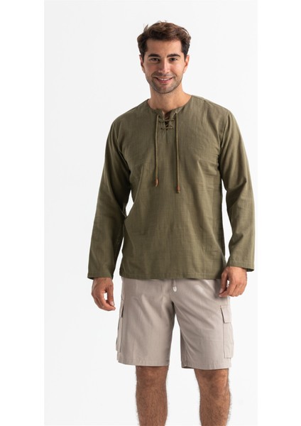 Uzun Kol Şile Bezi Zımbalı Erkek Tshirt Haki 3049
