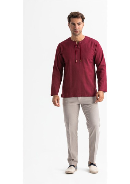 Uzun Kol Şile Bezi Zımbalı Erkek Tshirt Koyu Bordo 3068
