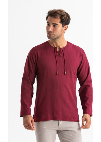 Uzun Kol Şile Bezi Zımbalı Erkek Tshirt Koyu Bordo 3068
