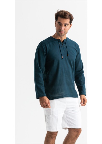 Büyük Beden Şile Bezi Uzun Kol Zımbalı Erkek Yazlık Tshirt Koyu Petrol 3069