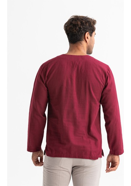 Büyük Beden Şile Bezi Uzun Kol Zımbalı Erkek Yazlık Tshirt Koyu Bordo 3068