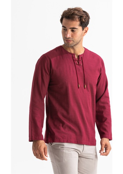 Büyük Beden Şile Bezi Uzun Kol Zımbalı Erkek Yazlık Tshirt Koyu Bordo 3068