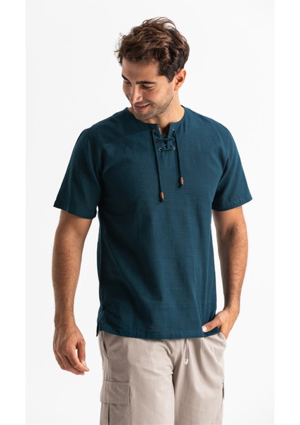 Kısa Kol Şile Bezi Zımbalı Erkek Tshirt Koyu Petrol 3069