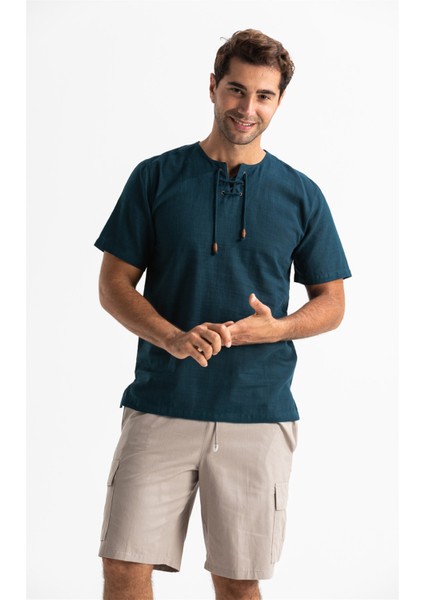 Büyük Beden Kısa Kol Şile Bezi Zımbalı Erkek Tshirt Koyu Petrol 3069