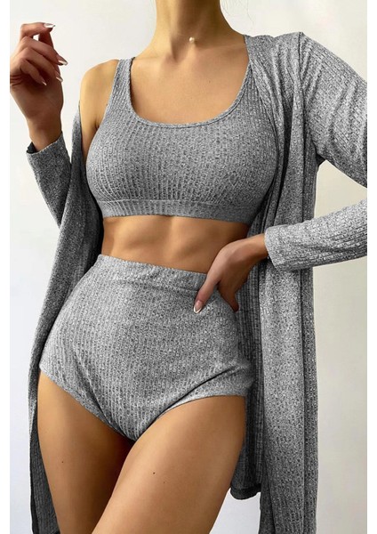 Kadın Antrasit Kaşkorse Kumaş Yüksek Bel Iç Çamaşır Takımı D50010
