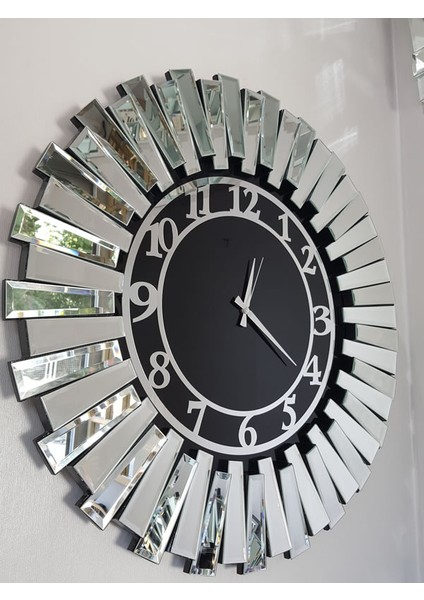 Güneş Silver Latin Black Model Gümüş Siyah Renk 85 Cm Dekoratif Aynalı Duvar Saati