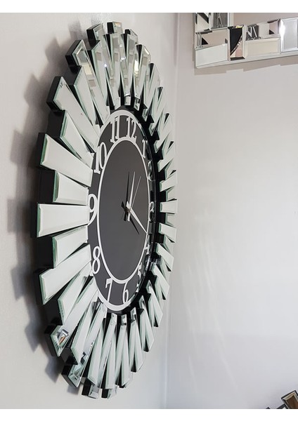 Güneş Silver Latin Black Model Gümüş Siyah Renk 85 Cm Dekoratif Aynalı Duvar Saati modelleri