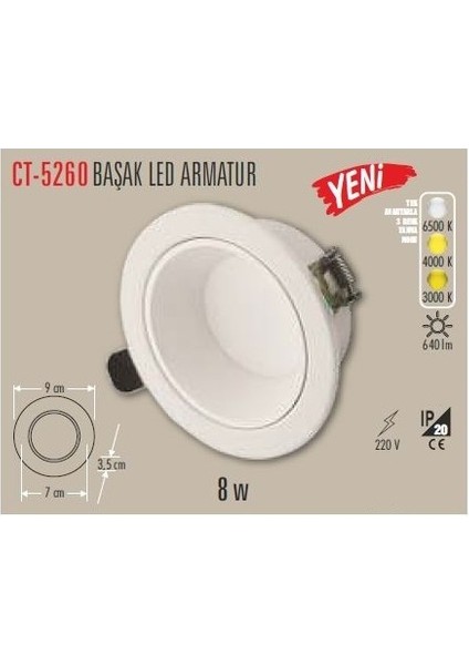 8 W Sıva Altı Cob LED Beyaz Kasa Spot Gömme Tavan Armatürü 3 Renk CT-5260 (2 Adet)