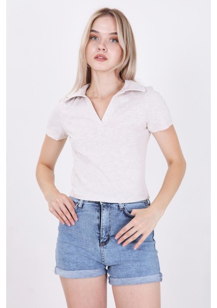 Polo Yaka Pamuk Crop Tshirt