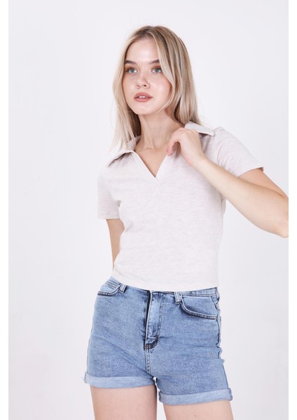 Polo Yaka Pamuk Crop Tshirt