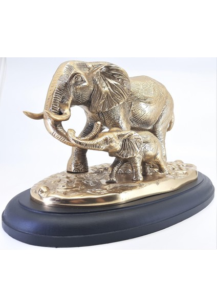 Ahşap Kaide Üzeri Pirinç Fil ve Yavrusu