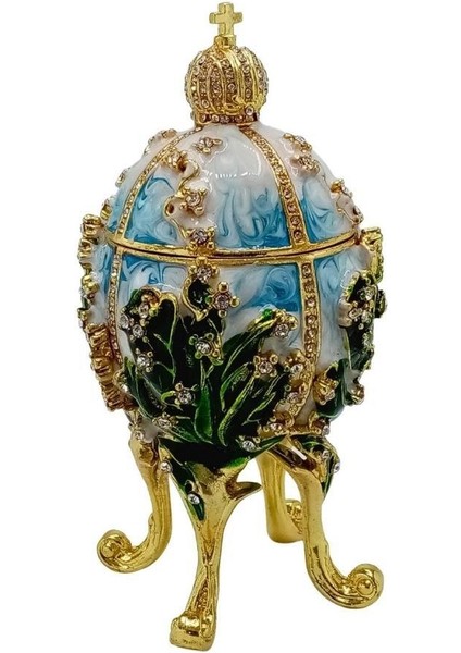 Faberge Yumurta Swarovski Taşlı Lüks Mücevher Kutusu Mavi Yeşil 12CM Hediyeli