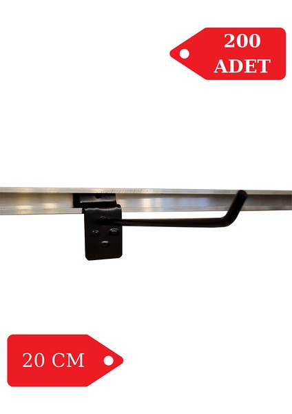200 Adet 20 cm Kanallı Pano Kancası Raf Askısı Siyah