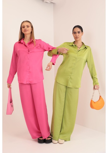 Kobe Saten Kumaş Beli Lastikli Kadın Pantolon-Yeşil