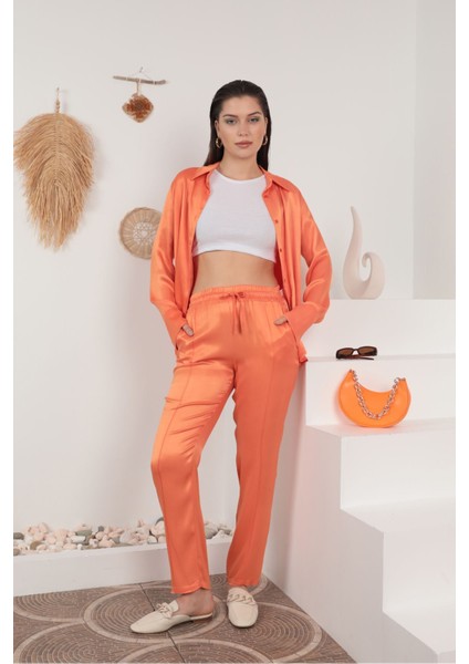 Saten Kumaş Beli Lastikli Kadın Pantolon-Oranj