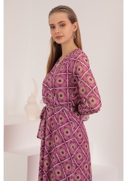 Şifon Kumaş Çiçekli Armür Desen Kadın Elbise-Pudra fiyatları