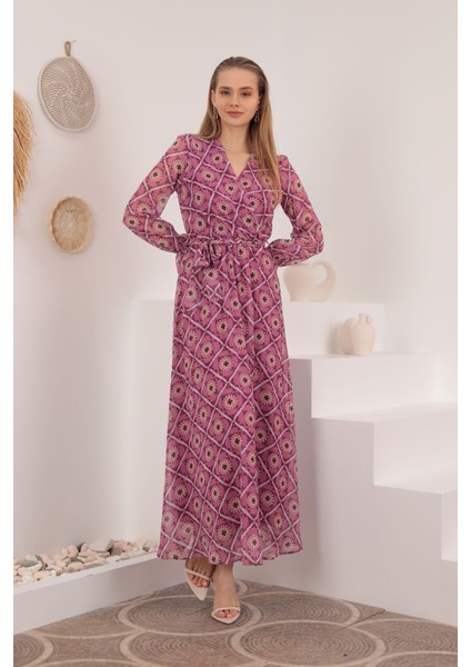 Şifon Kumaş Çiçekli Armür Desen Kadın Elbise-Pudra fırsatları